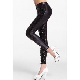 Black Sequin Front Pu Leggings