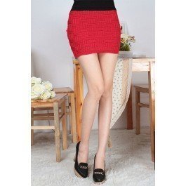 Square Grid Knitted Package Hip Skirt Red